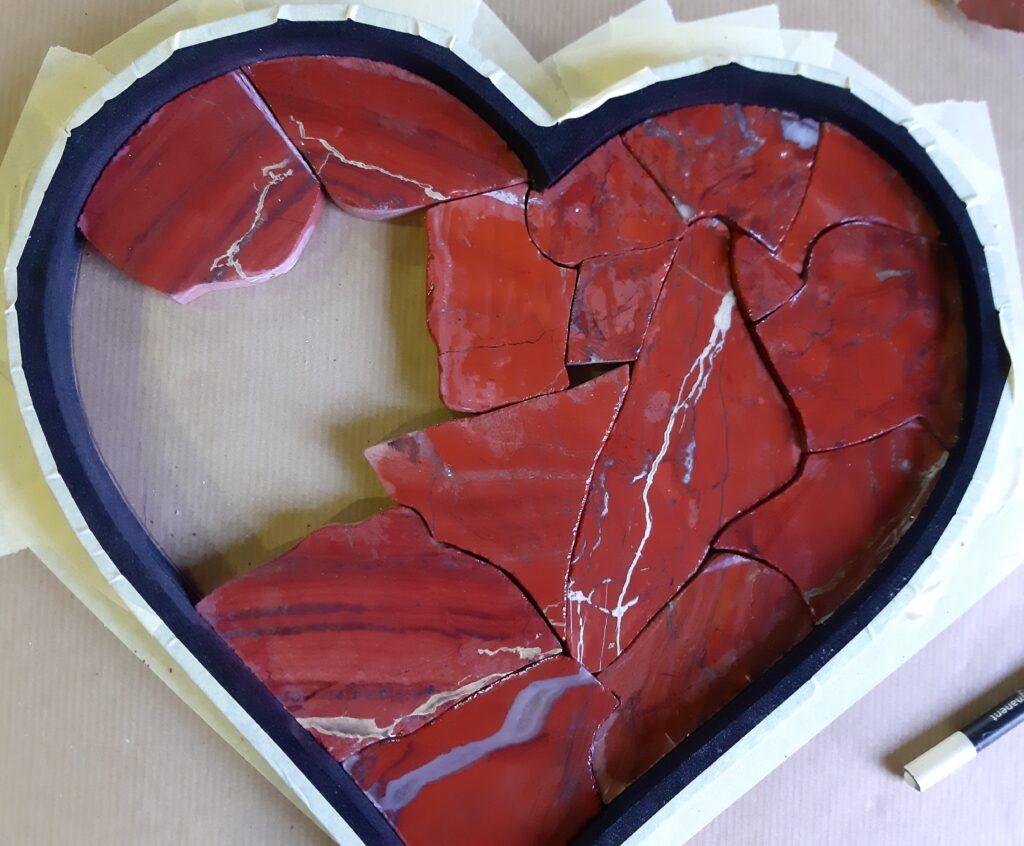 Red jasper heart in making